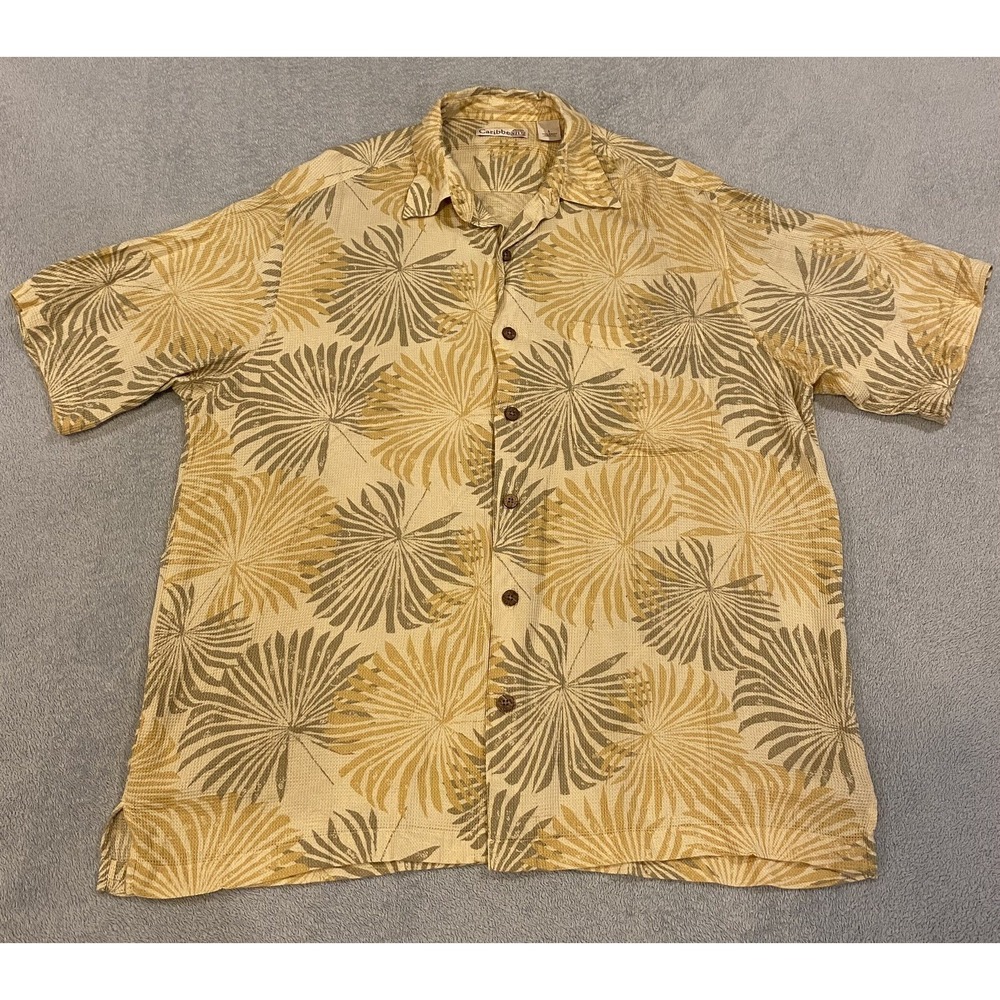 Caribbean Shirt Mens Large Yellow Short Sleeve Button Up Hawaiian Floral Rayon L